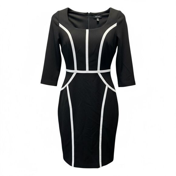 EUC Nine West Women’s Black 3/4 Sleeve Dress with White Accent Knee Length - 2 - Picture 2 of 7